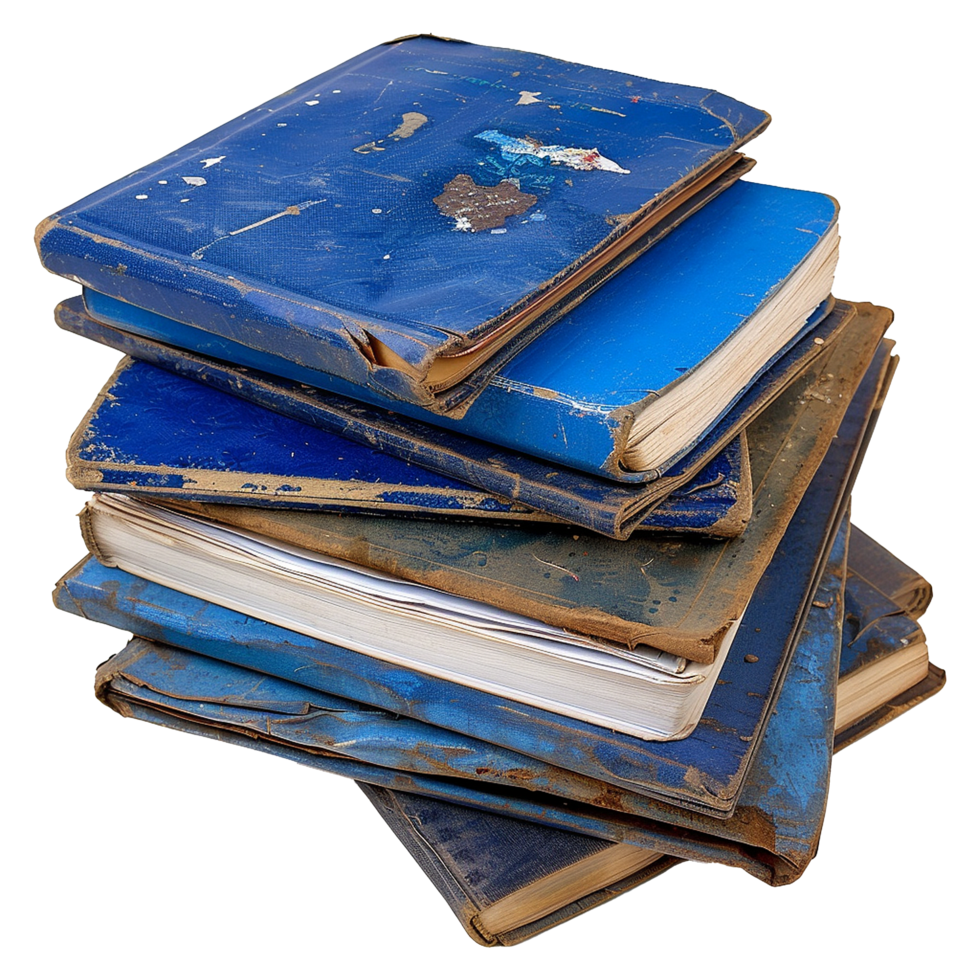 ai generado apilar de azul antiguo libros y cuadernos aislado en transparente antecedentes png