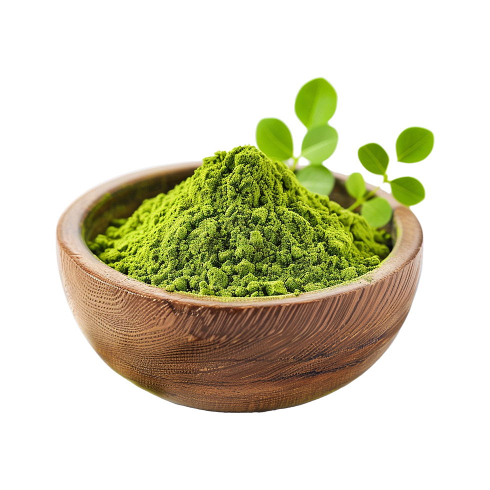 AI generated Moringa powder in wooden bowl isolated on transparent background png
