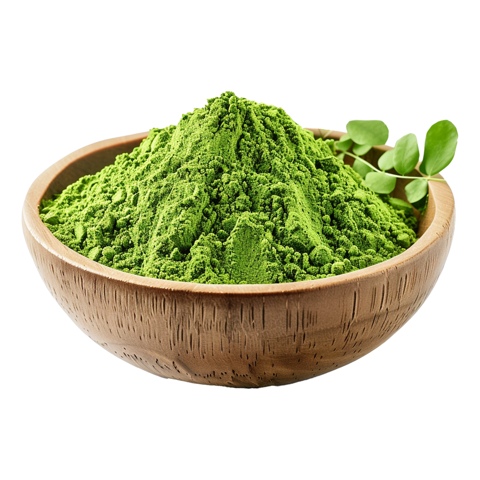 AI generated Moringa powder in wooden bowl isolated on transparent background png