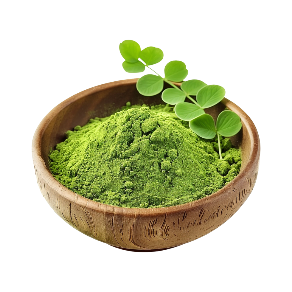 AI generated Moringa powder in wooden bowl isolated on transparent background png