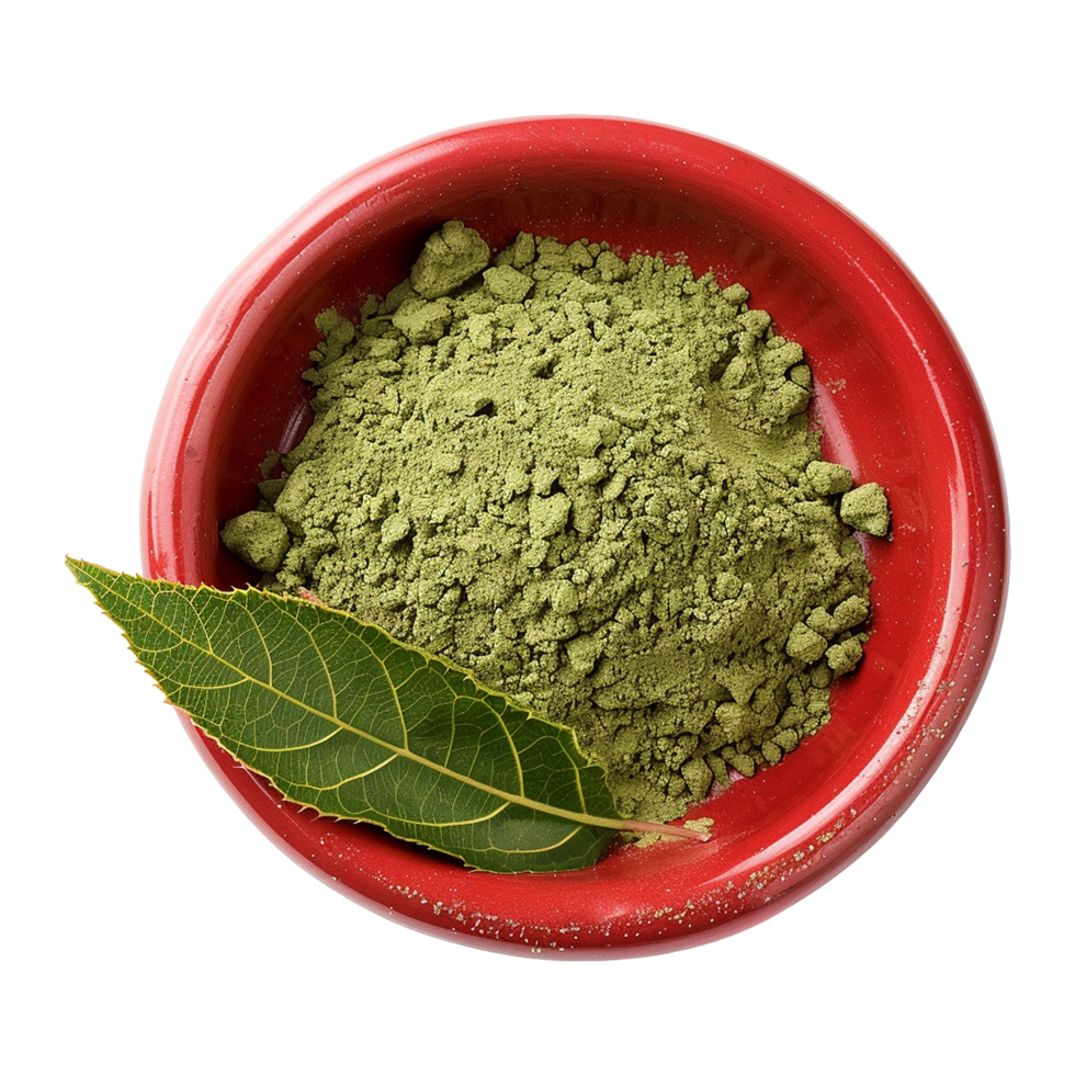 AI generated Neem leaves powder in red bowl isolated on transparent background png