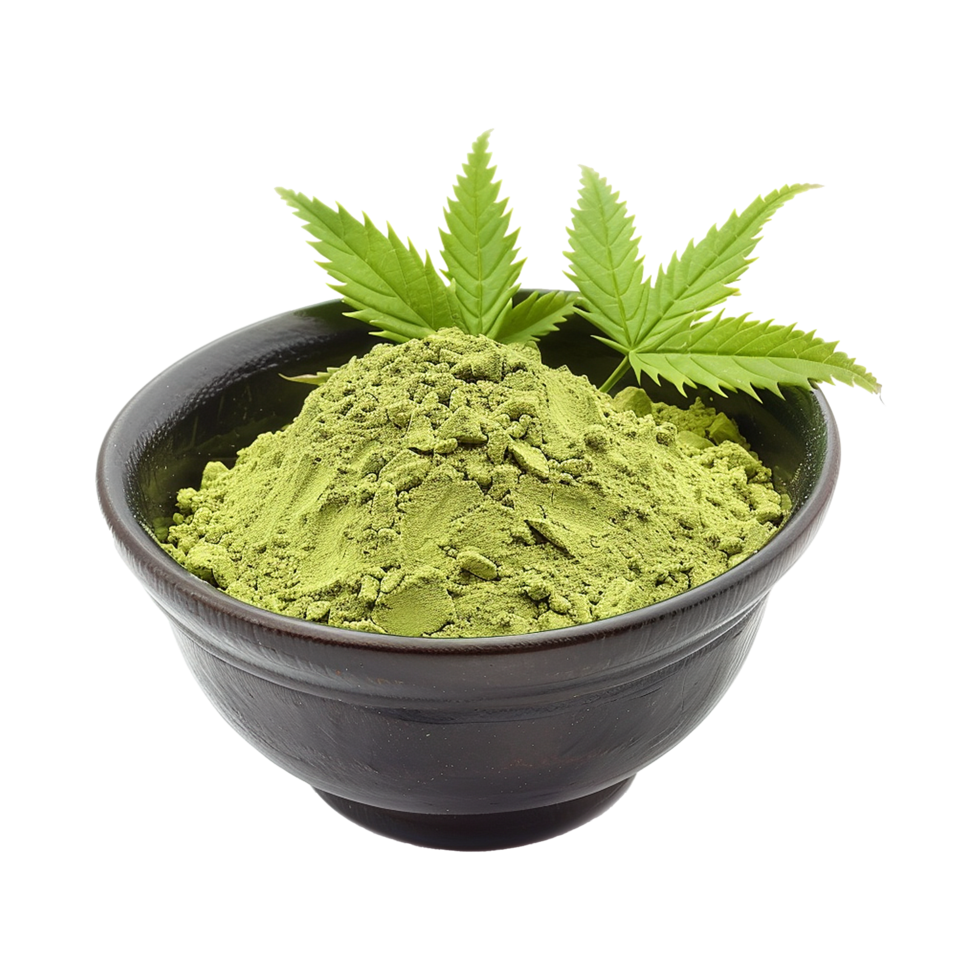 AI generated Neem leaves powder in black bowl isolated on transparent background png
