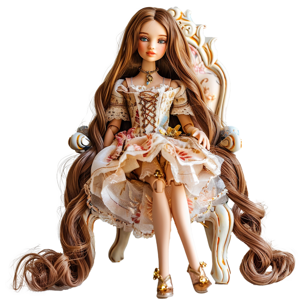 AI generated A beautiful doll with long hair on a chair on transparent background png