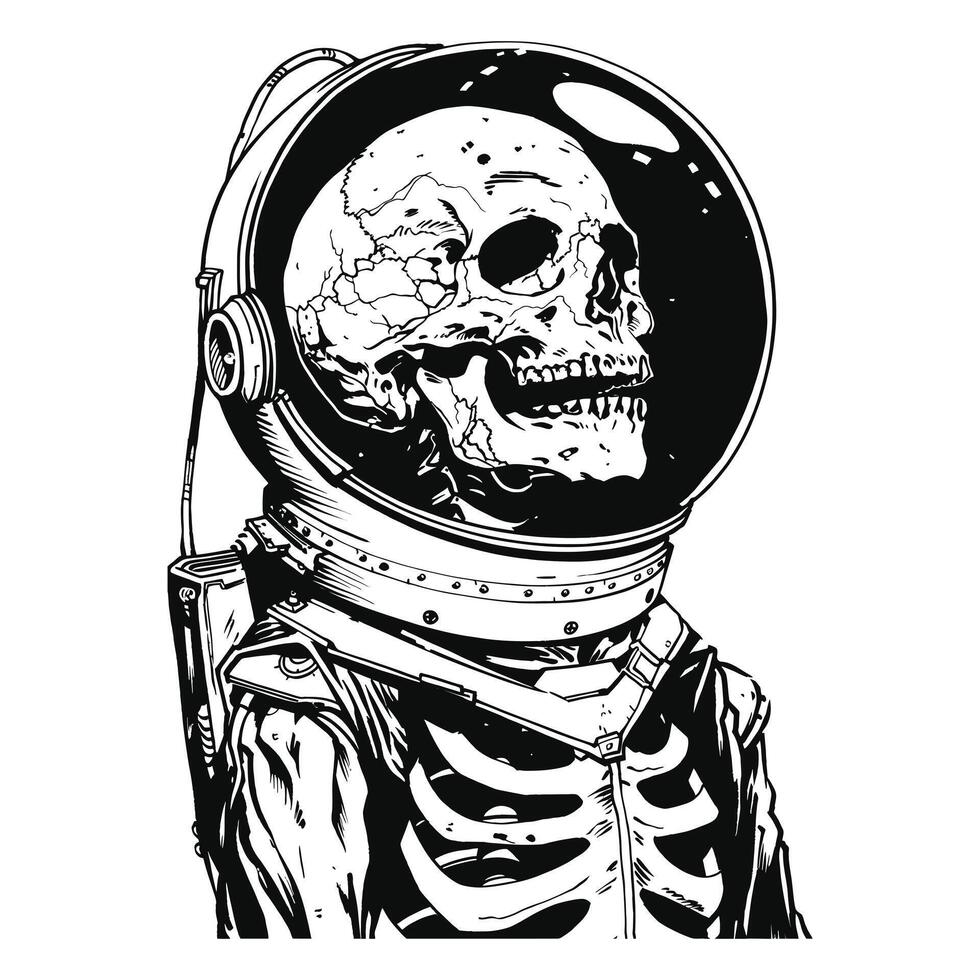 skull of astronaut vector black and white illustration