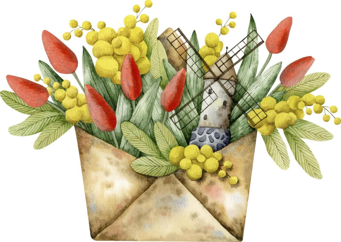 Vector watercolor envelope with tulips and mimosa