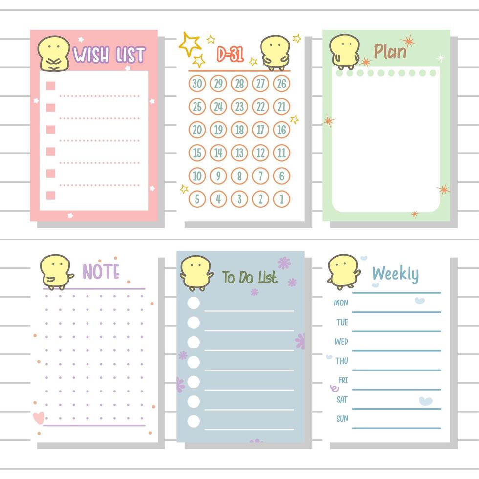 notepad series wish list, weekly, planner, notes or memo for stationary and journal collection set vector