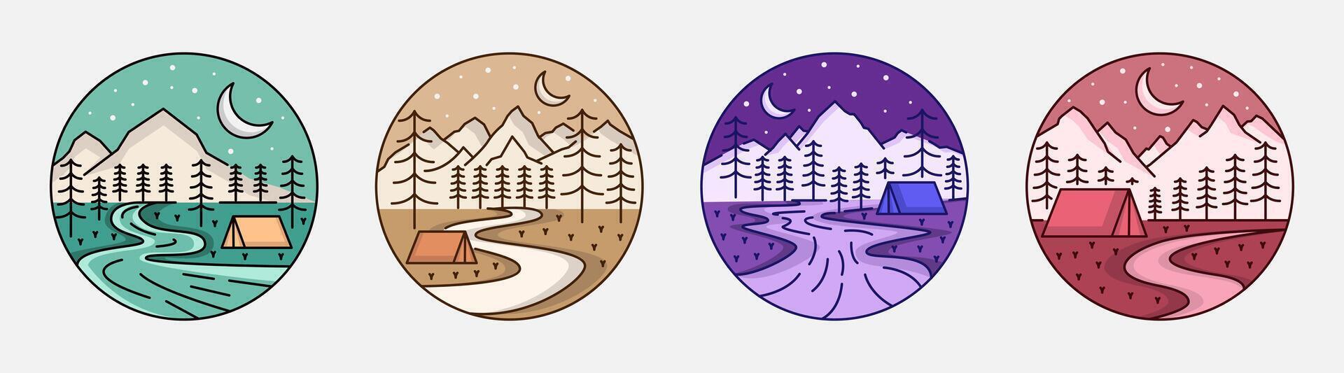 Collection of camping and mountain illustration with monoline or line art style, design can be for t-shirts, wrapping paper, printing needs vector