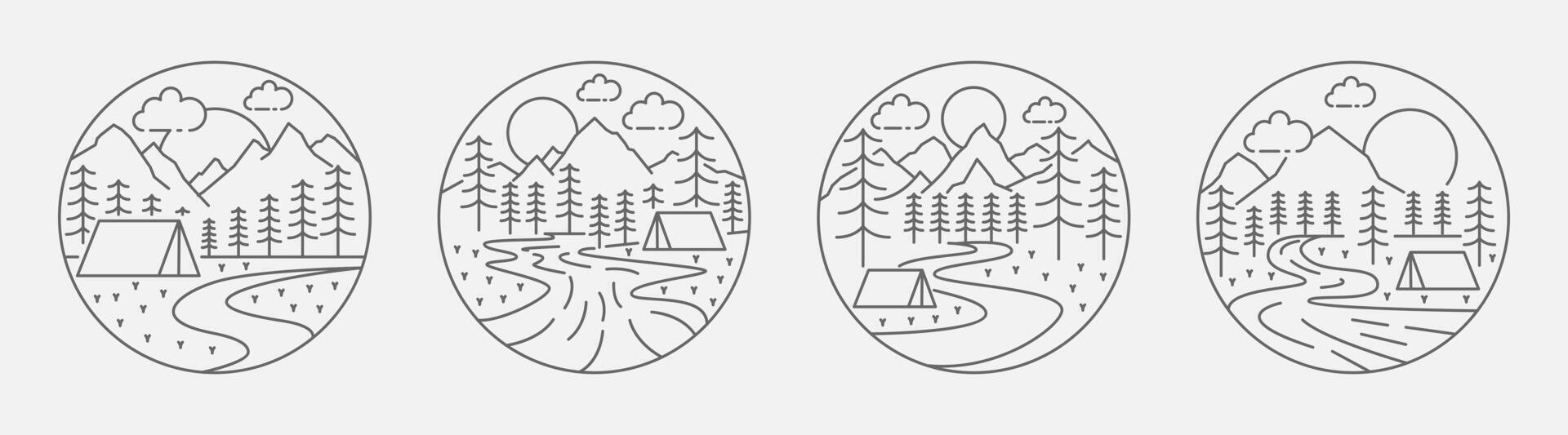 Collection of camping and mountain illustration with monoline or line art style, design can be for t-shirts, wrapping paper, printing needs vector