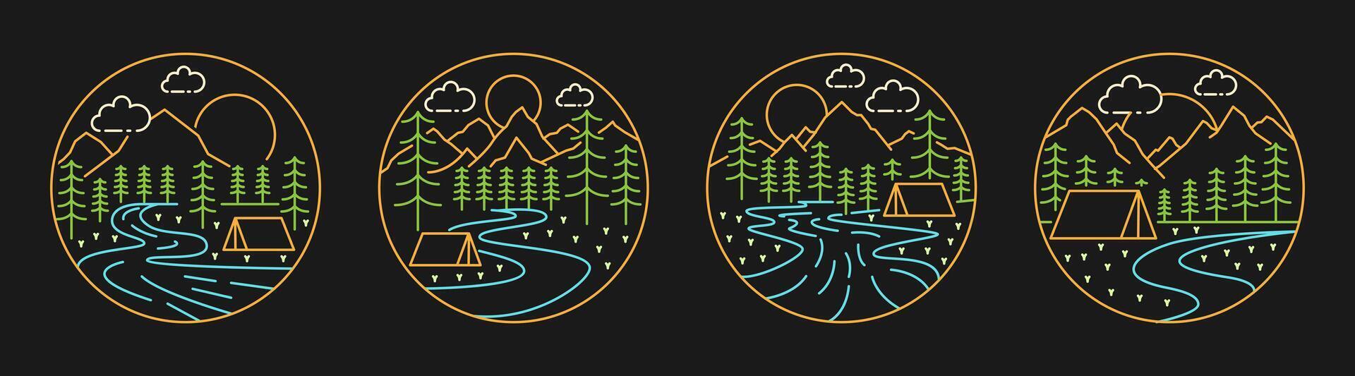 Collection of camping and mountain illustration with monoline or line art style black background, design can be for t-shirts, sticker, printing needs vector