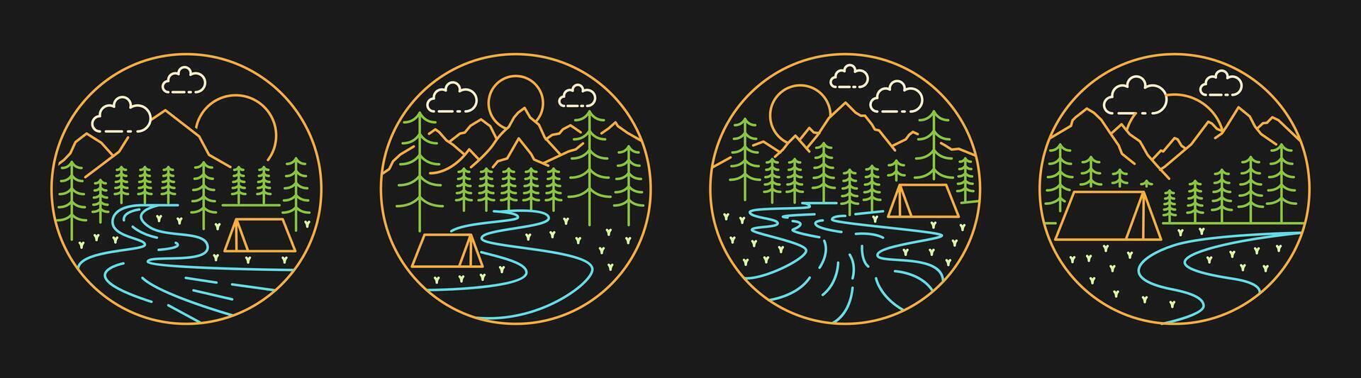 Collection of camping and mountain illustration with monoline or line art style black background, design can be for t-shirts, sticker, printing needs vector