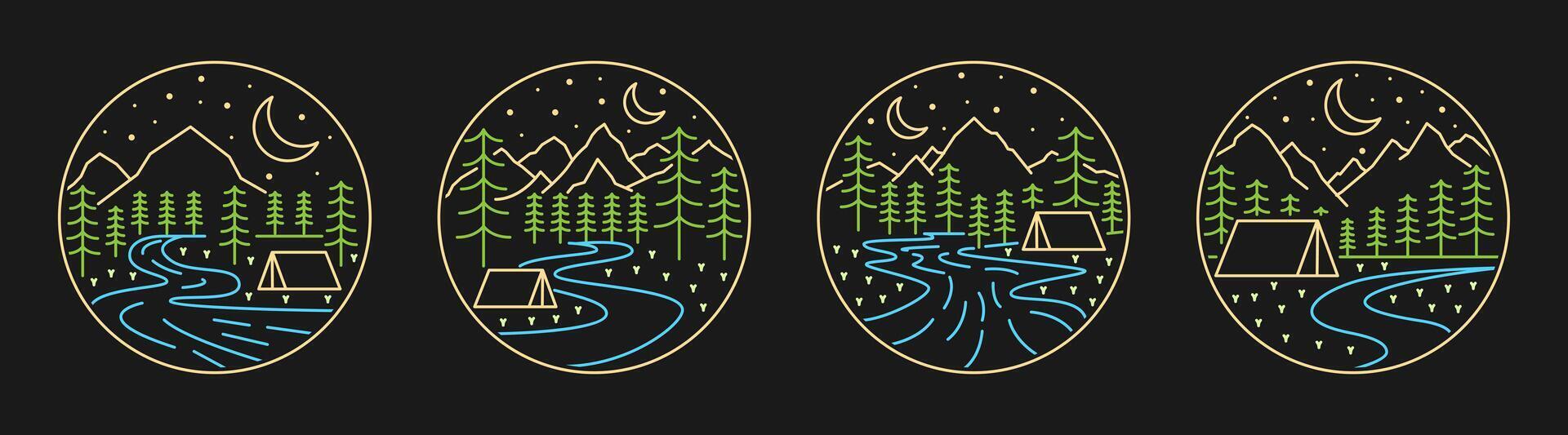 Collection of camping and mountain illustration with monoline or line art style black background, design can be for t-shirts, sticker, printing needs vector