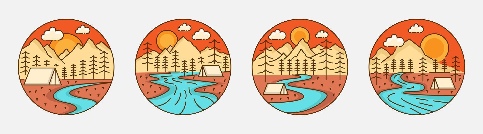Collection of camping and mountain illustration with monoline or line art style, design can be for t-shirts, wrapping paper, printing needs vector