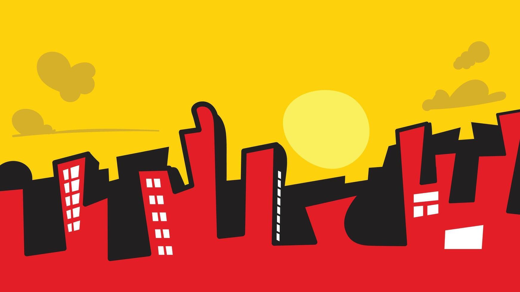 Silhouette of an urban cityscape with sun and clouds plus space for text vector