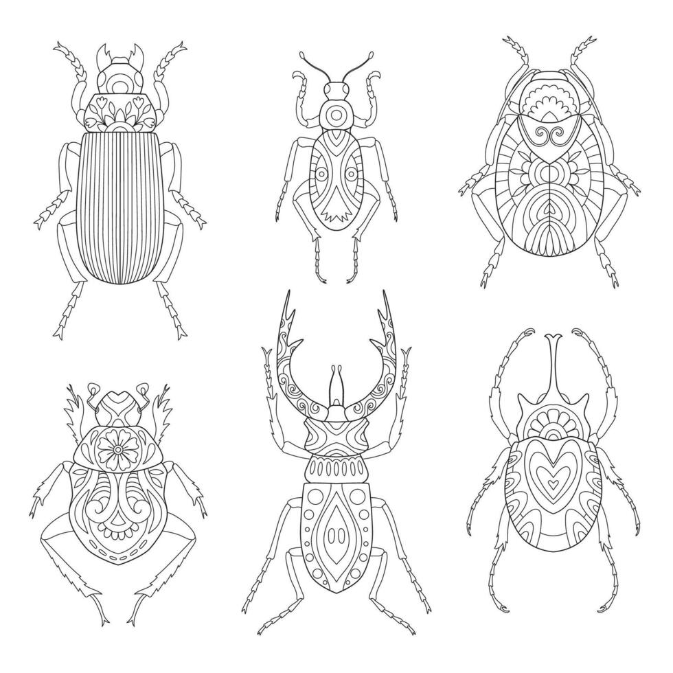 Stylized contour set of bugs. Decorative stylized insect drawn by hand in black. vector