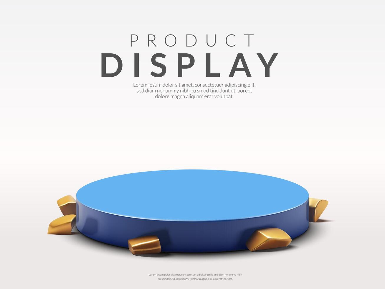 Blue podium with golden stone on white background, backdrop for display product on sale. Vector illustration
