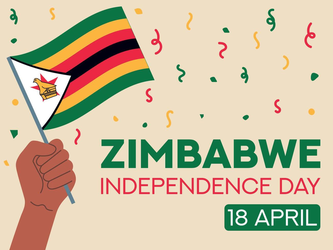 Zimbabwe independence day 18 april. Zimbabwe flag in hand. Greeting