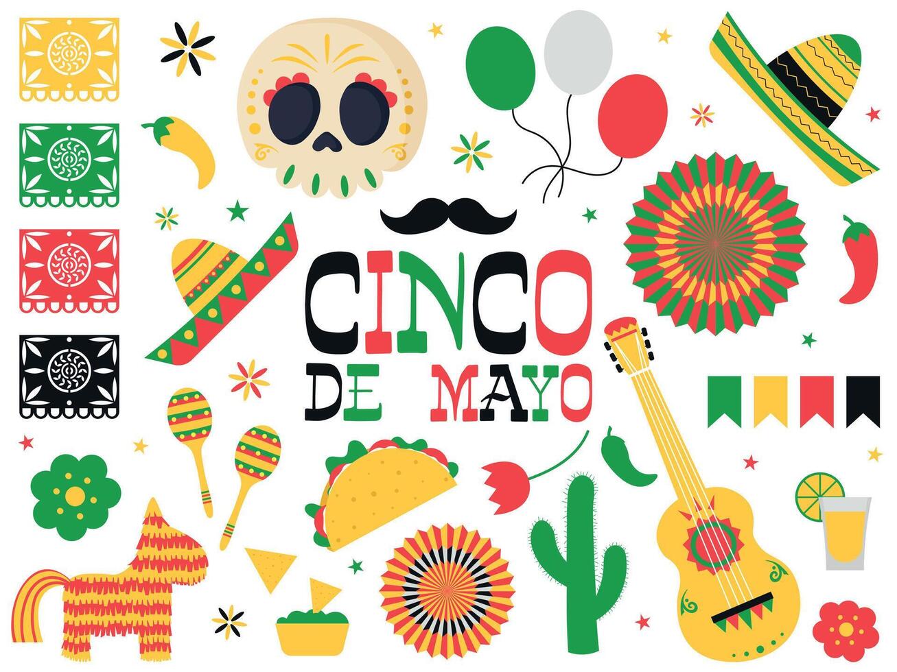 Cinco de Mayo celebration in Mexico, icons set, design element, flat style, collection objects for Cinco de Mayo parade with pinata, food, sambrero, tequila cactus, flag, skull etc vector illustration