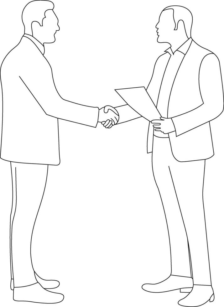 Line drawing of two businessman handshake with suitcase. Single line of two man shaking hand. Continuous line of two people hold hand each other isolated on white background. vector