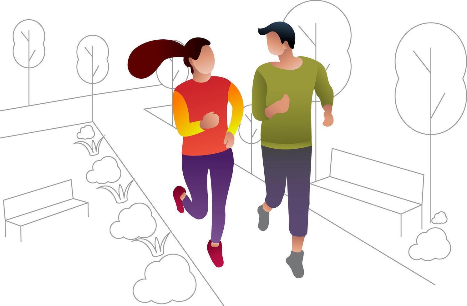 Happy couple running around in the park. Man and woman is engaged in fitness. Morning jogging. Active and healthy lifestyle. Vector illustration in cartoon style