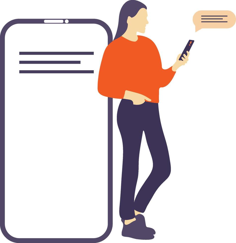 Woman standing and holding mobile phone, texting, chatting, messaging concept illustration vector