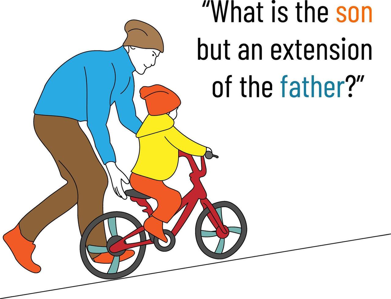 Cartoon vector illustration of father teaches daughter to ride a bike. Kid learns to ride bicycle