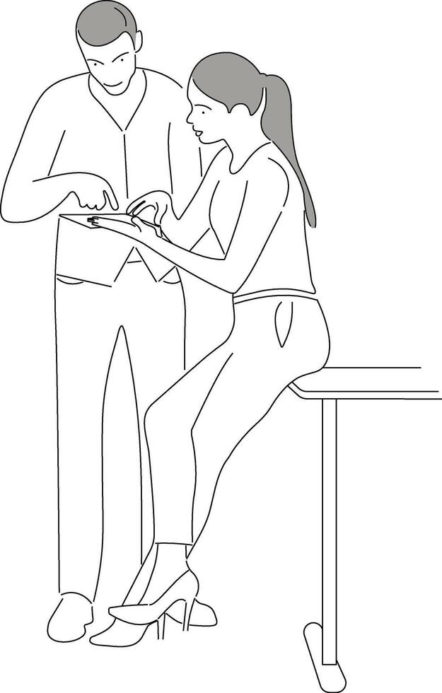 Two young man and women discussing project as team on tablet line drawing. vector