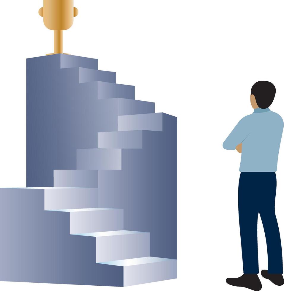 A businessman looking successful trophy with stairs concept flat vector cartoon illustration