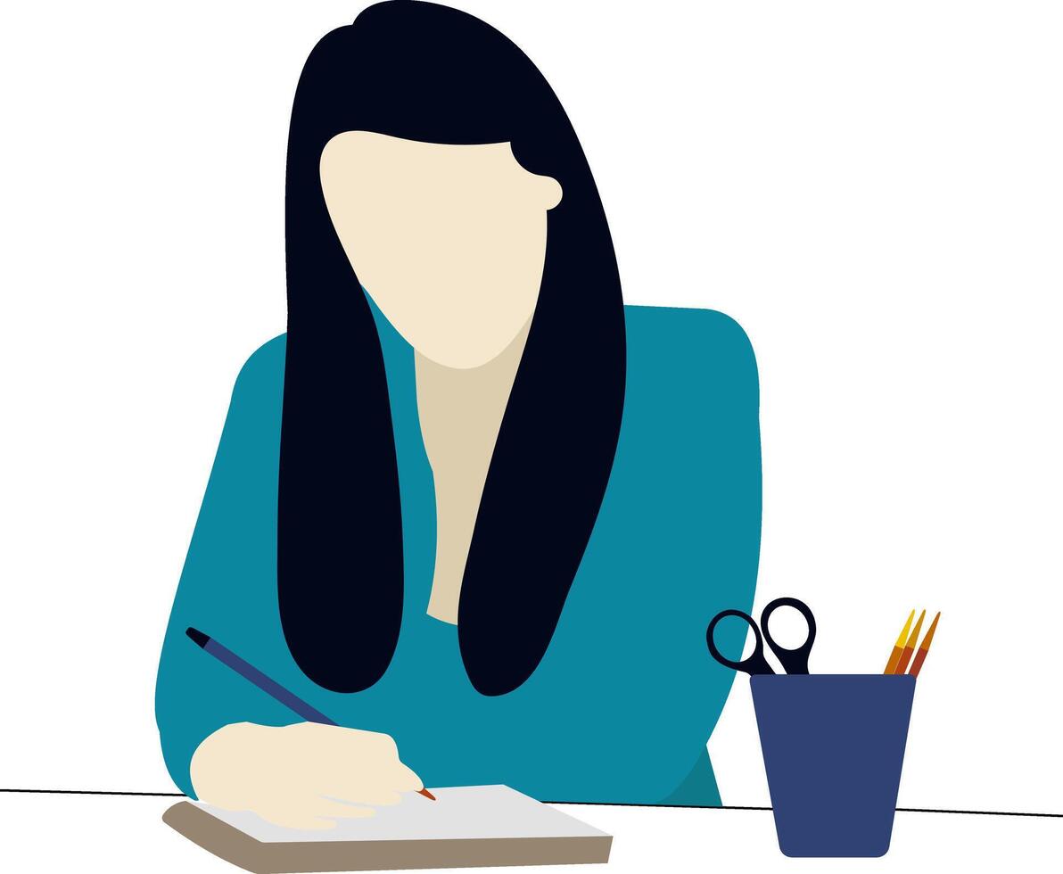 Business woman writing with job. Working woman character vector illustration.