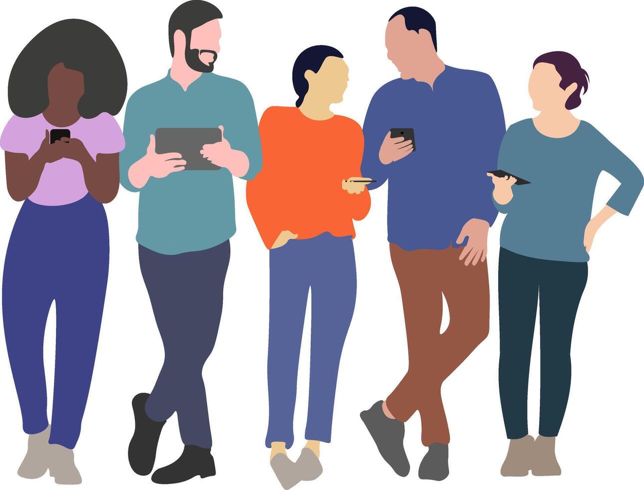 Different young people look into the smartphone. People stand full body. Flat style cartoon vector illustration.