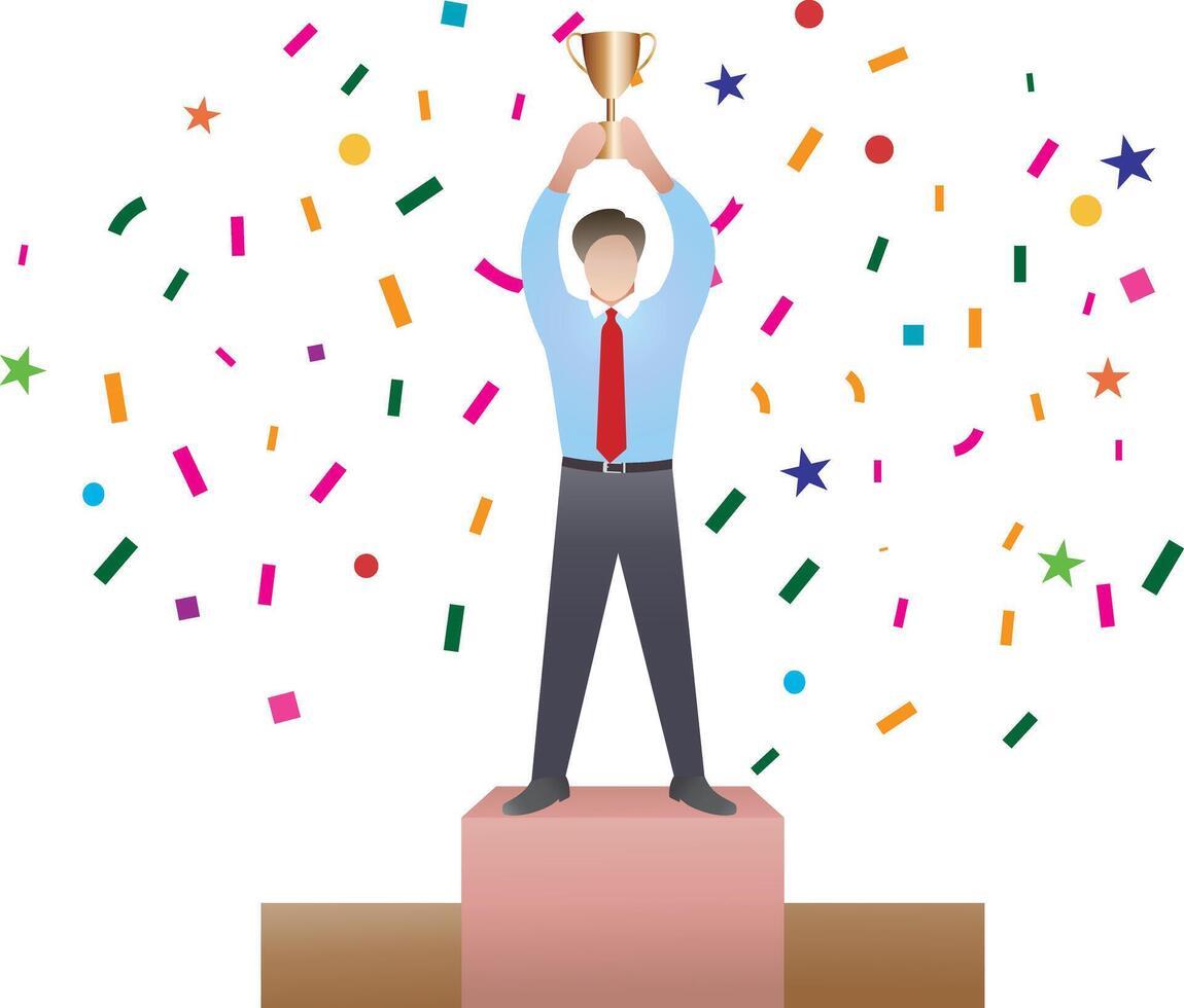 Happy businessman character winning prize with flat design vector