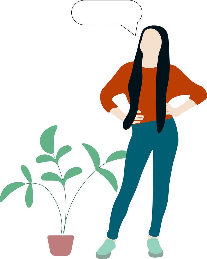 Thinking concept. Young woman standing pointing at speech bubble above communicating thinking vector illustration