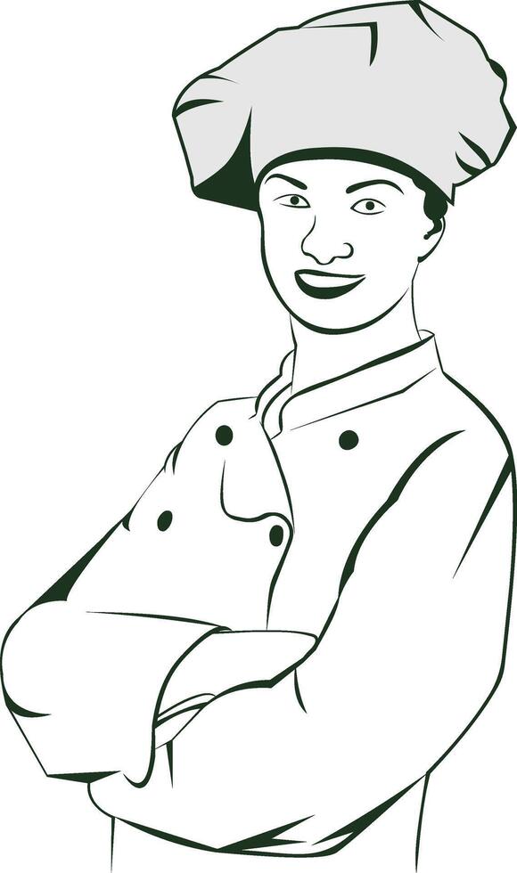 Smiley woman chef ink sketch drawing young female vector illustration.