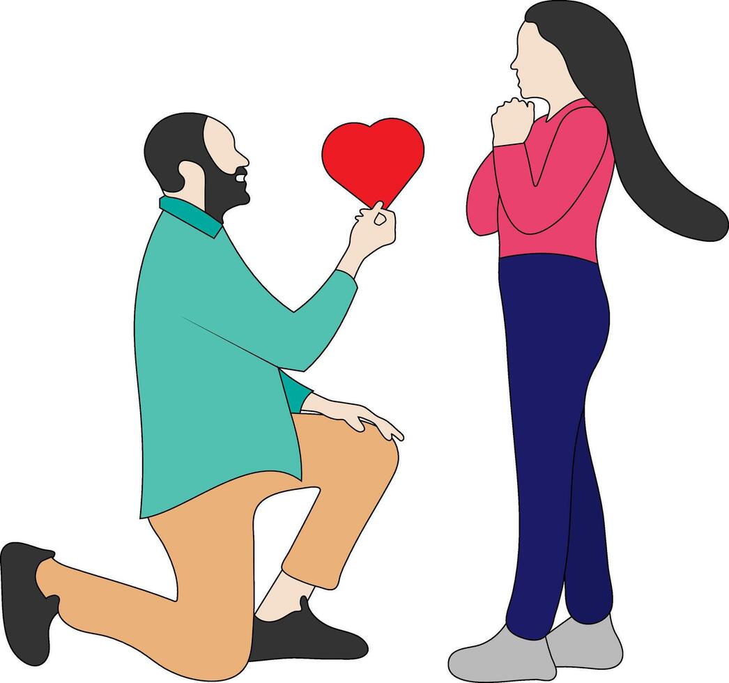 Cartoon flat style drawing man proposing woman to marry him. Happy valentine day. Guy on knees proposing cute girl to marry. Graphic design vector illustration.