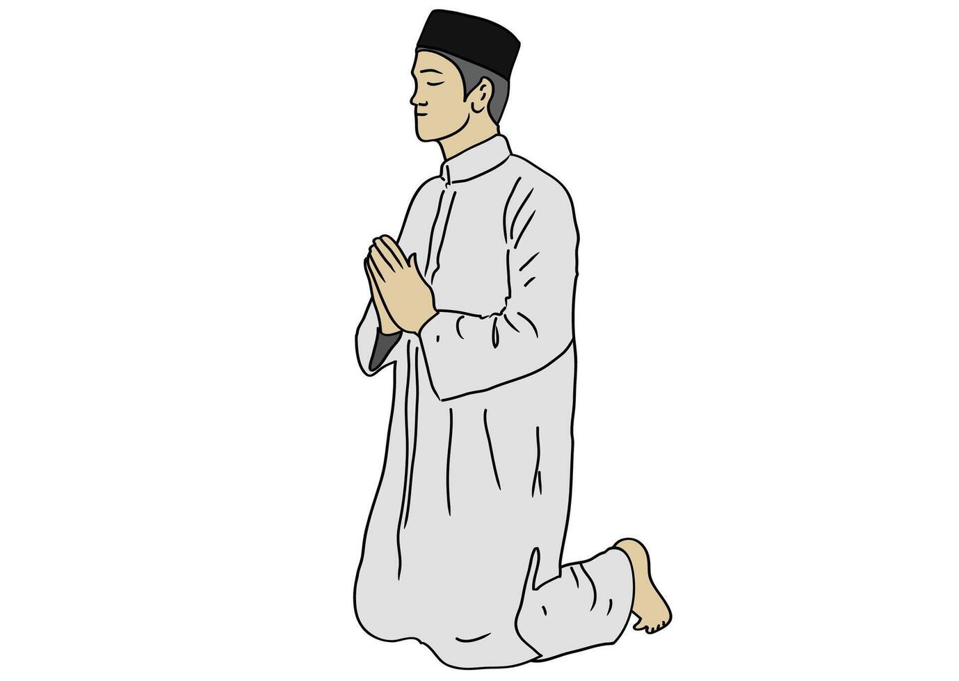A man dressed in Muslim clothing appears to be praying with his hands vector