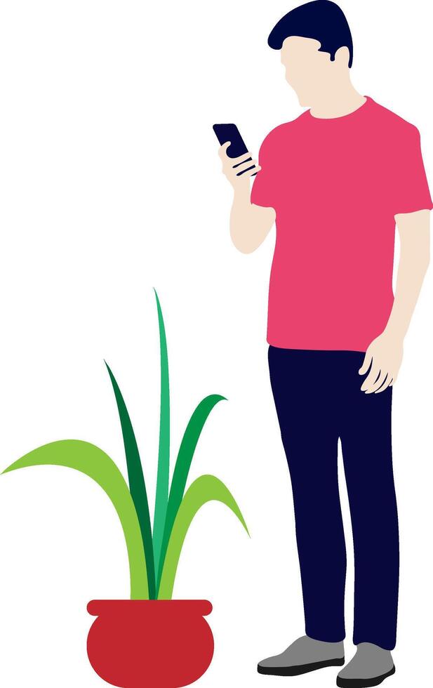 Handsome man holding phone in hands and chatting Vector illustration in flat cartoon style