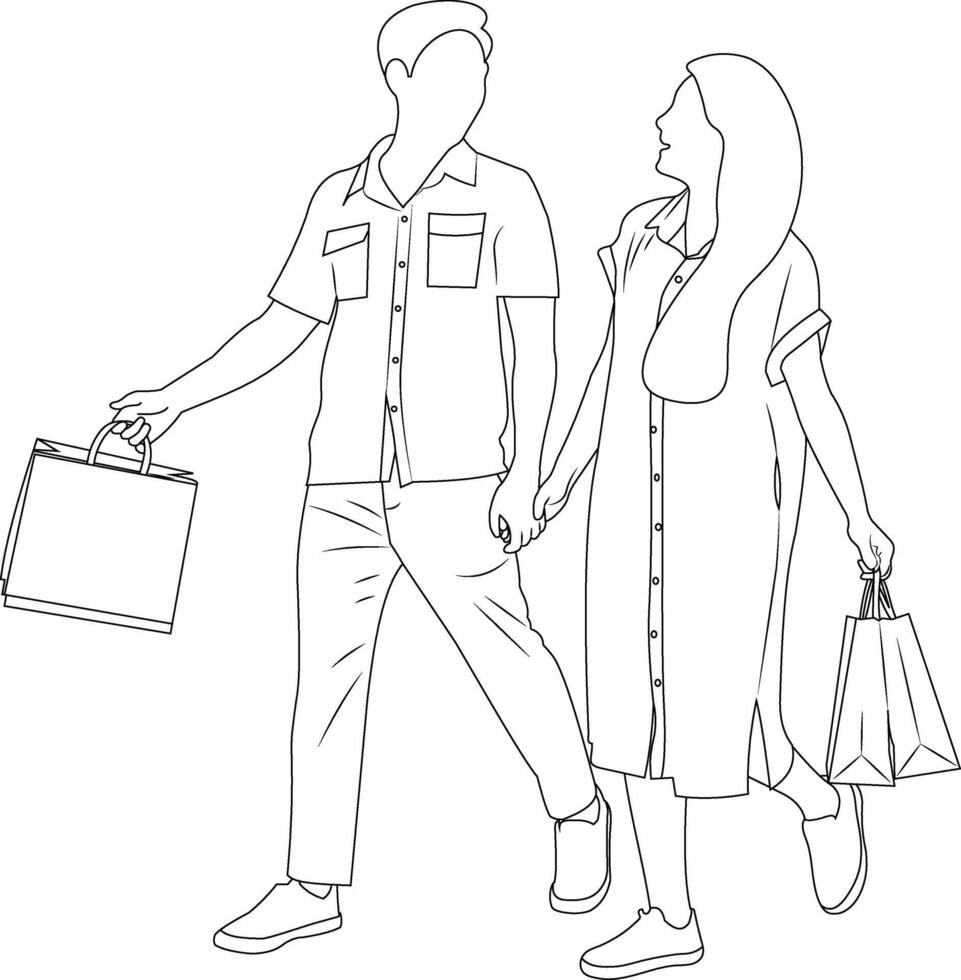 Couple of happy modern man and woman walking together with shopping bags line art vector illustration isolated on white background