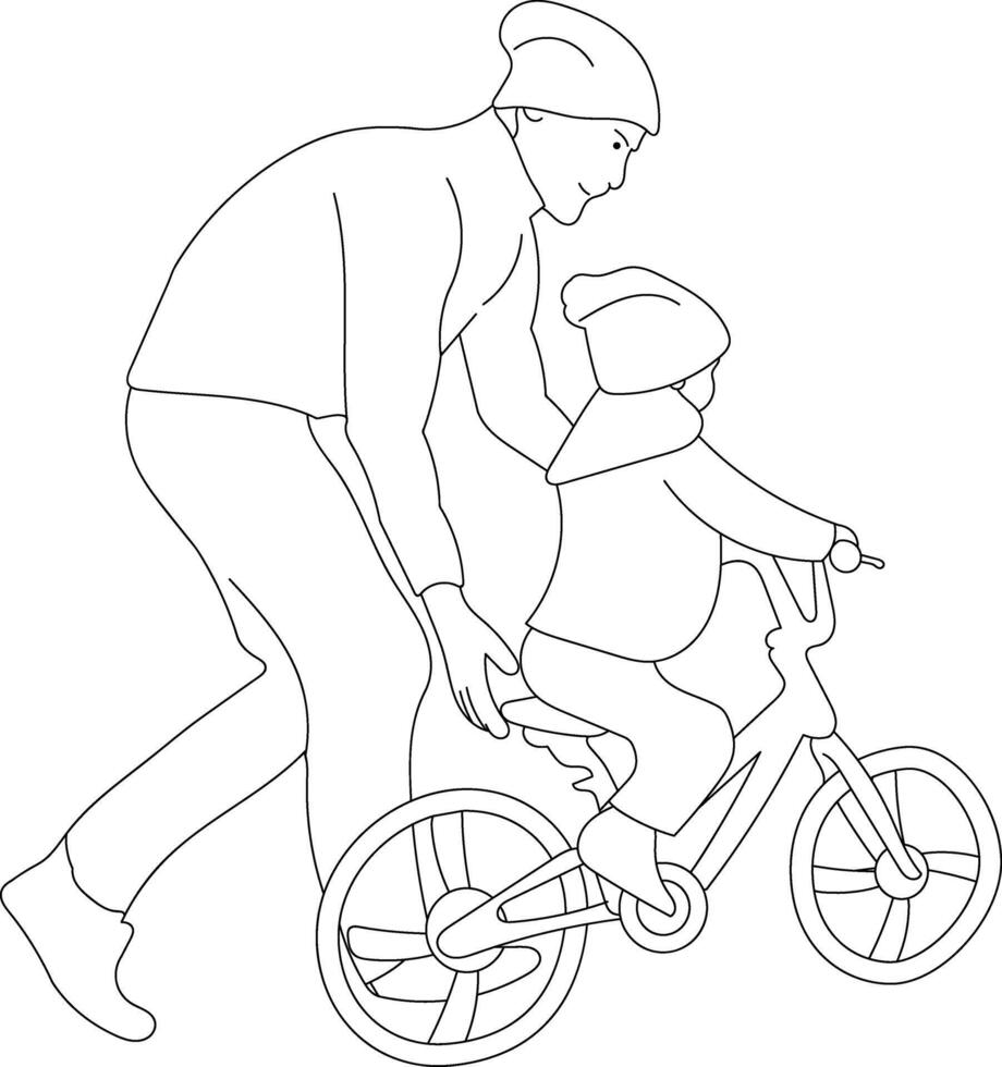 padre y hijo ciclismo concepto línea Arte ilustración. vector