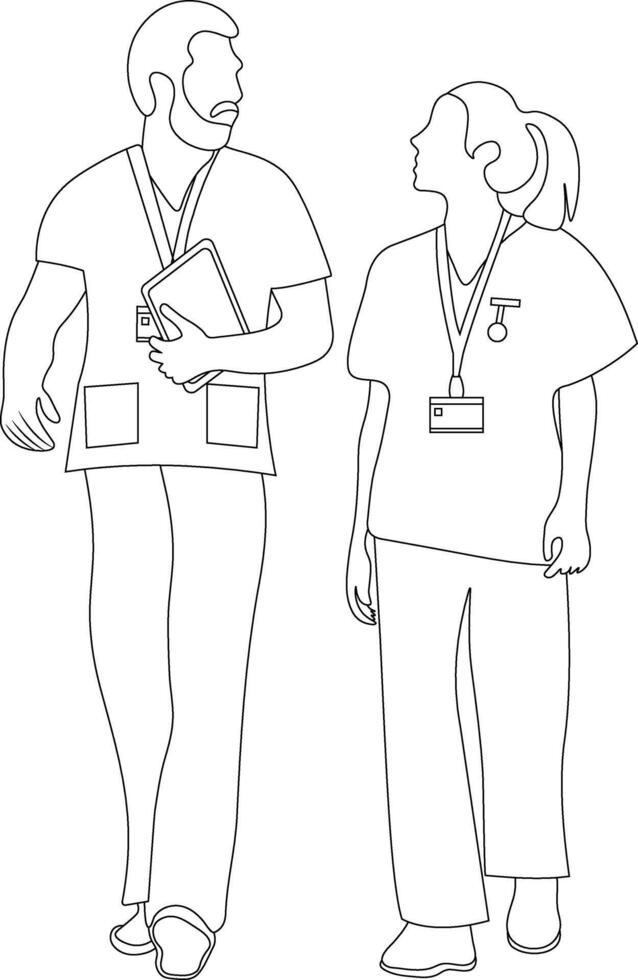 Male and Female Doctors standing together, concept of medical team line drawing Vector illustration