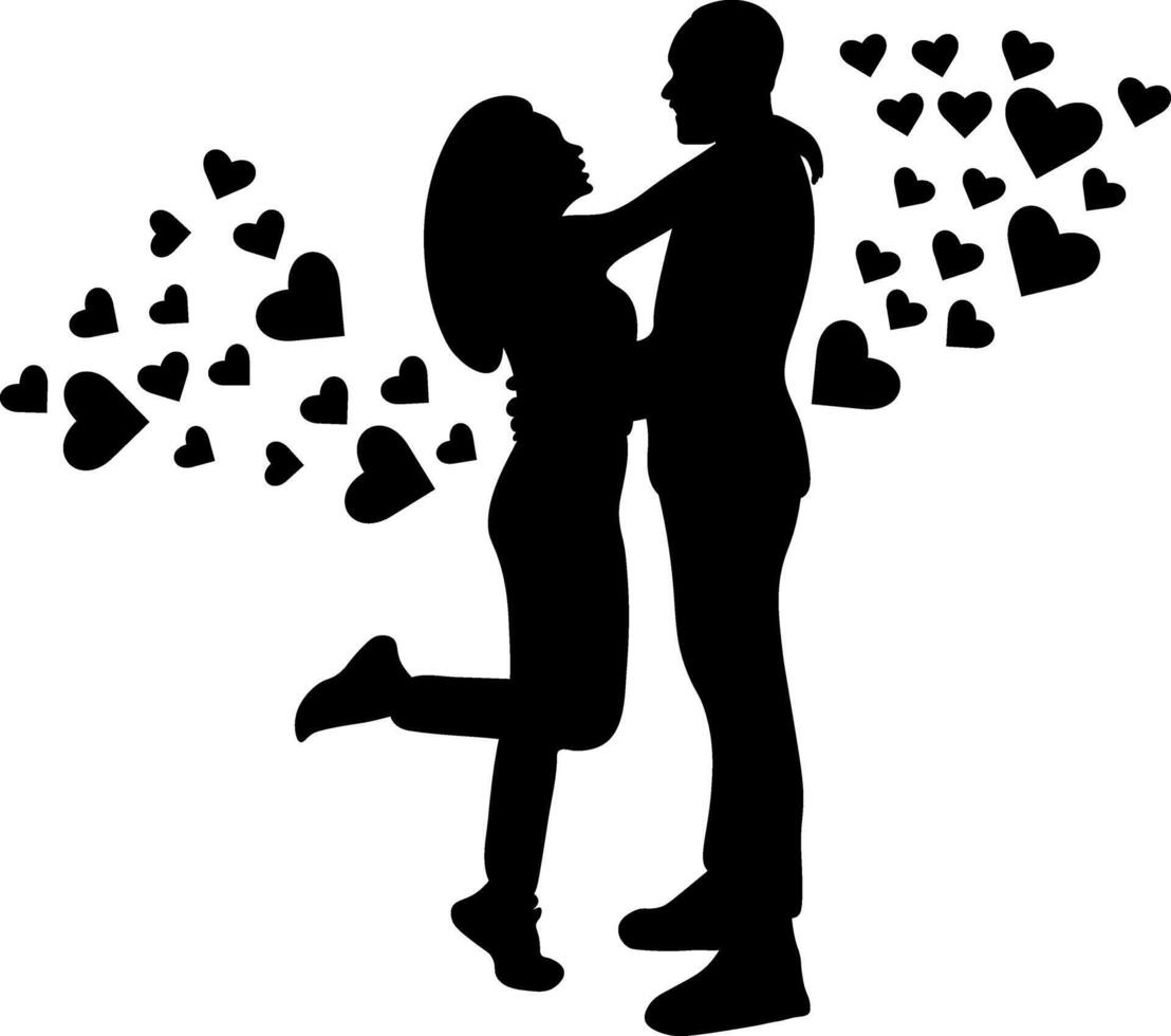 Valentines Day silhouette, Love day, Couple with balloon heart, Vector illustration in cartoon style.