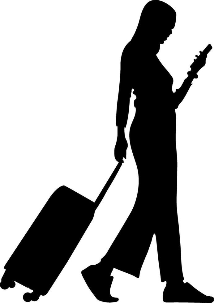 A young Woman with a Suitcase goes on vacation. Girl with a Suitcase with mobile. Travel concept, silhouette vector illustration.