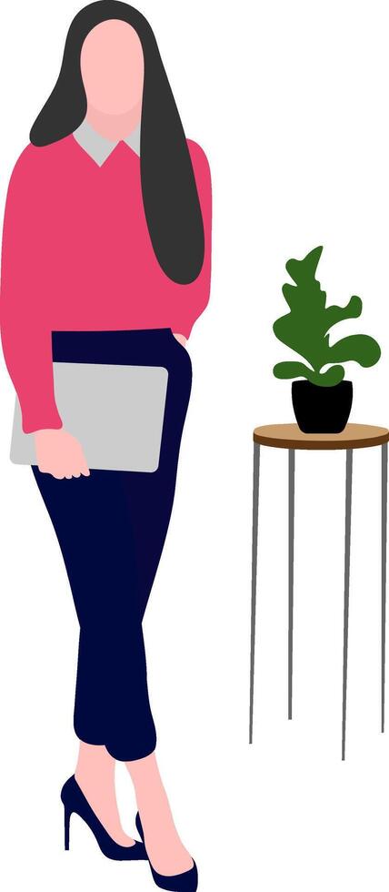Young business woman with laptop in hands Happy modern businesswoman standing, holding notebook computer. vector