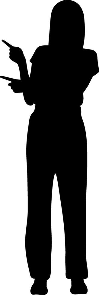 Woman hand pointing finger at left up corner silhouette style vector illustration.