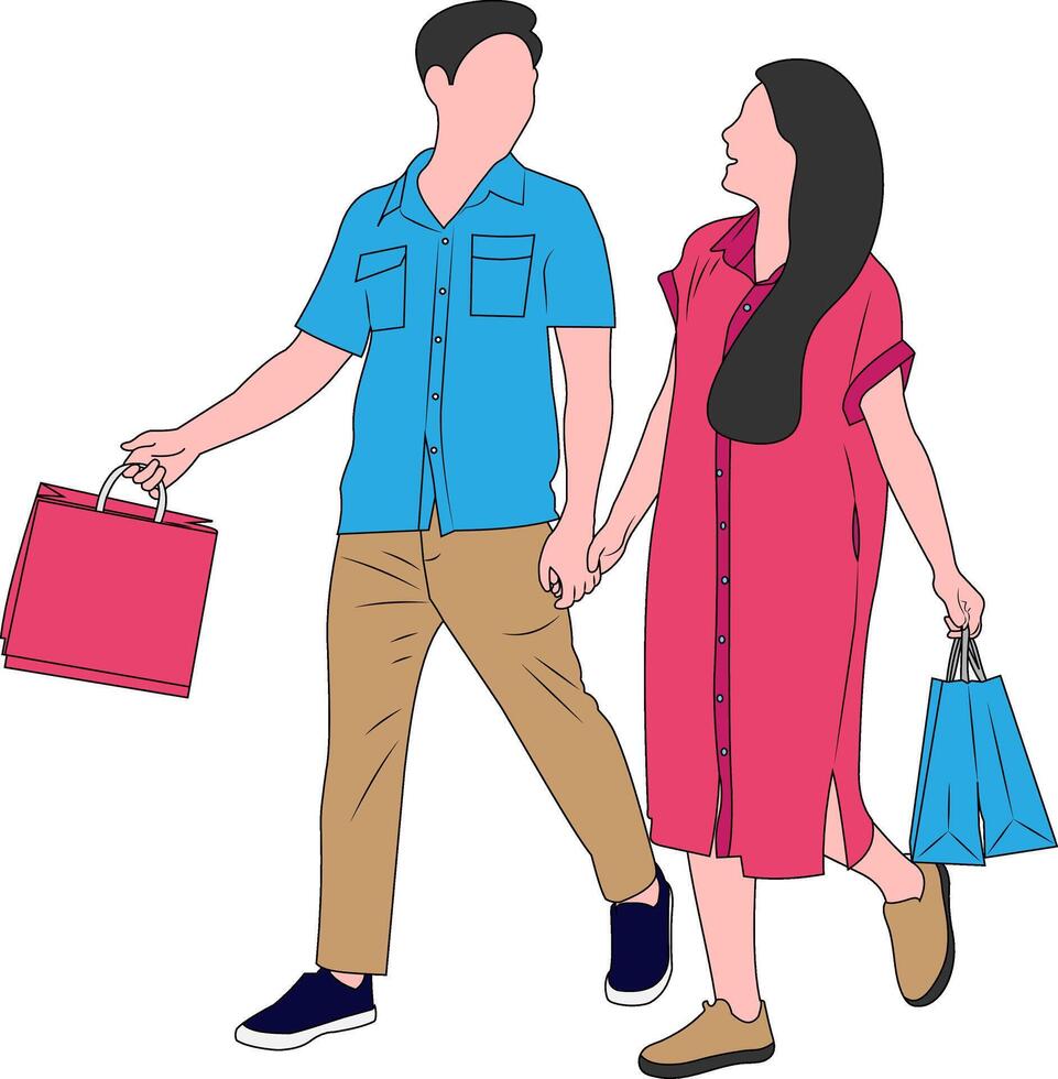 Couple of happy modern man and woman walking together with shopping bags vector illustration isolated on white background