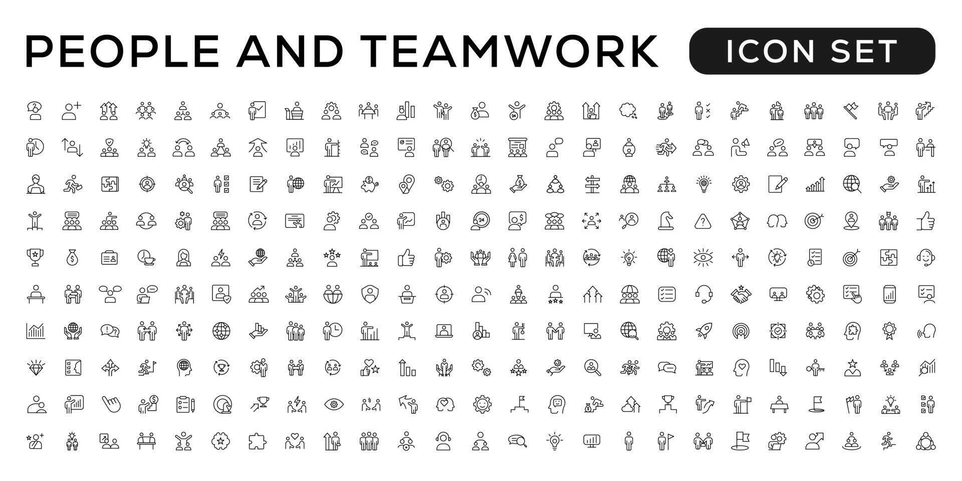 personas y trabajo en equipo línea íconos recopilación. grande icono conjunto en un plano diseño. Delgado contorno íconos paquete vector