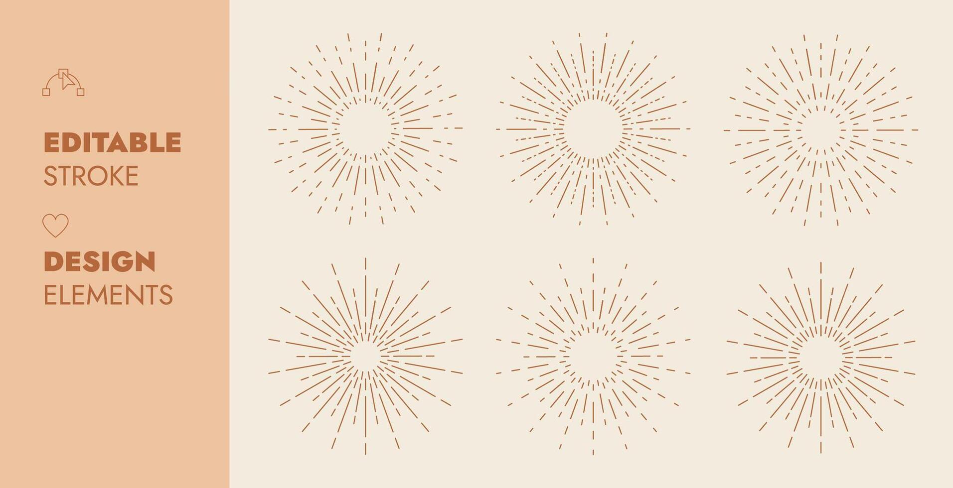 Geometric Sun Rays, Sunburst Rays Set, Round decorative element. Editable Stroke Vector Illustration