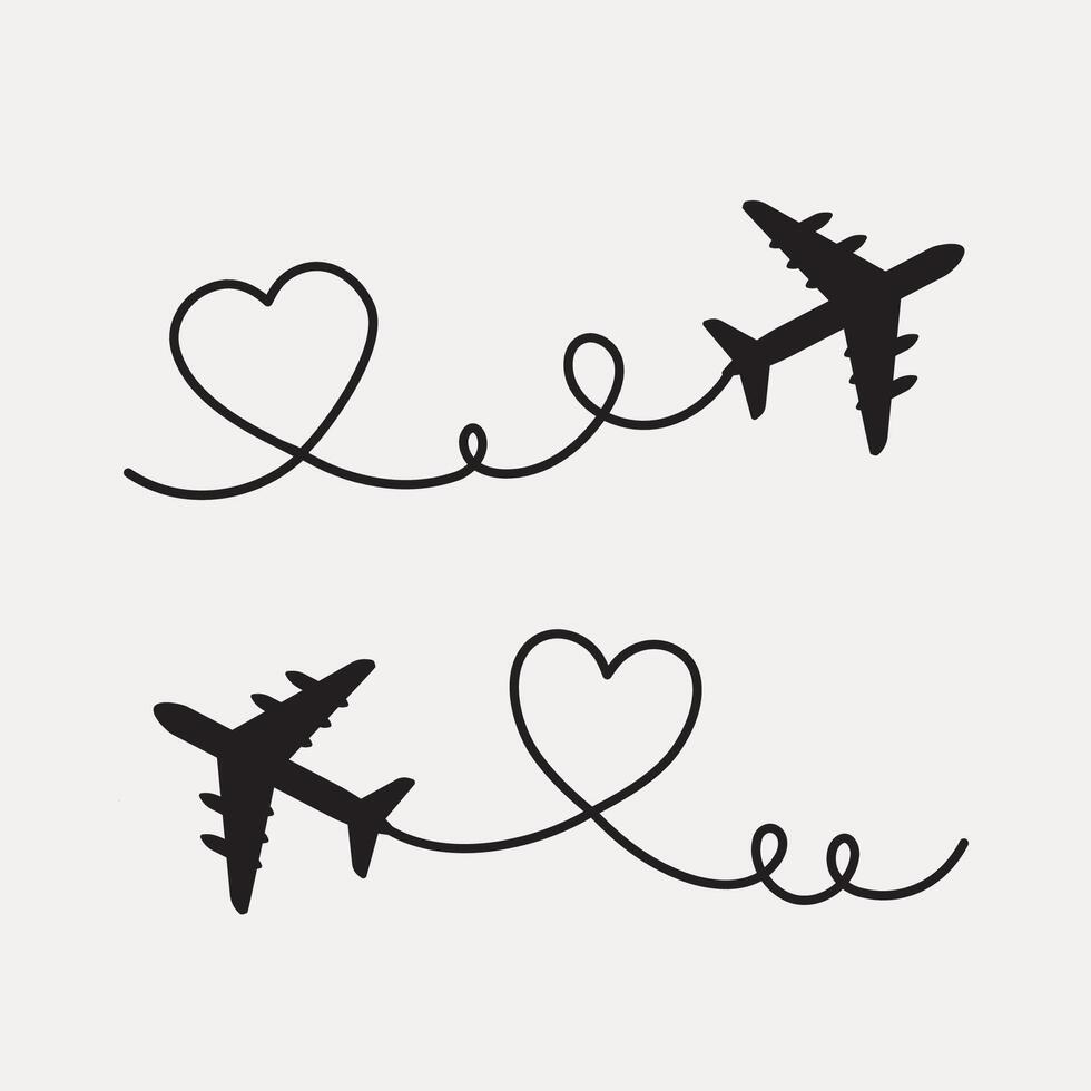 Set Airplane Line Path, Airplane Heart Icon Vector illustration