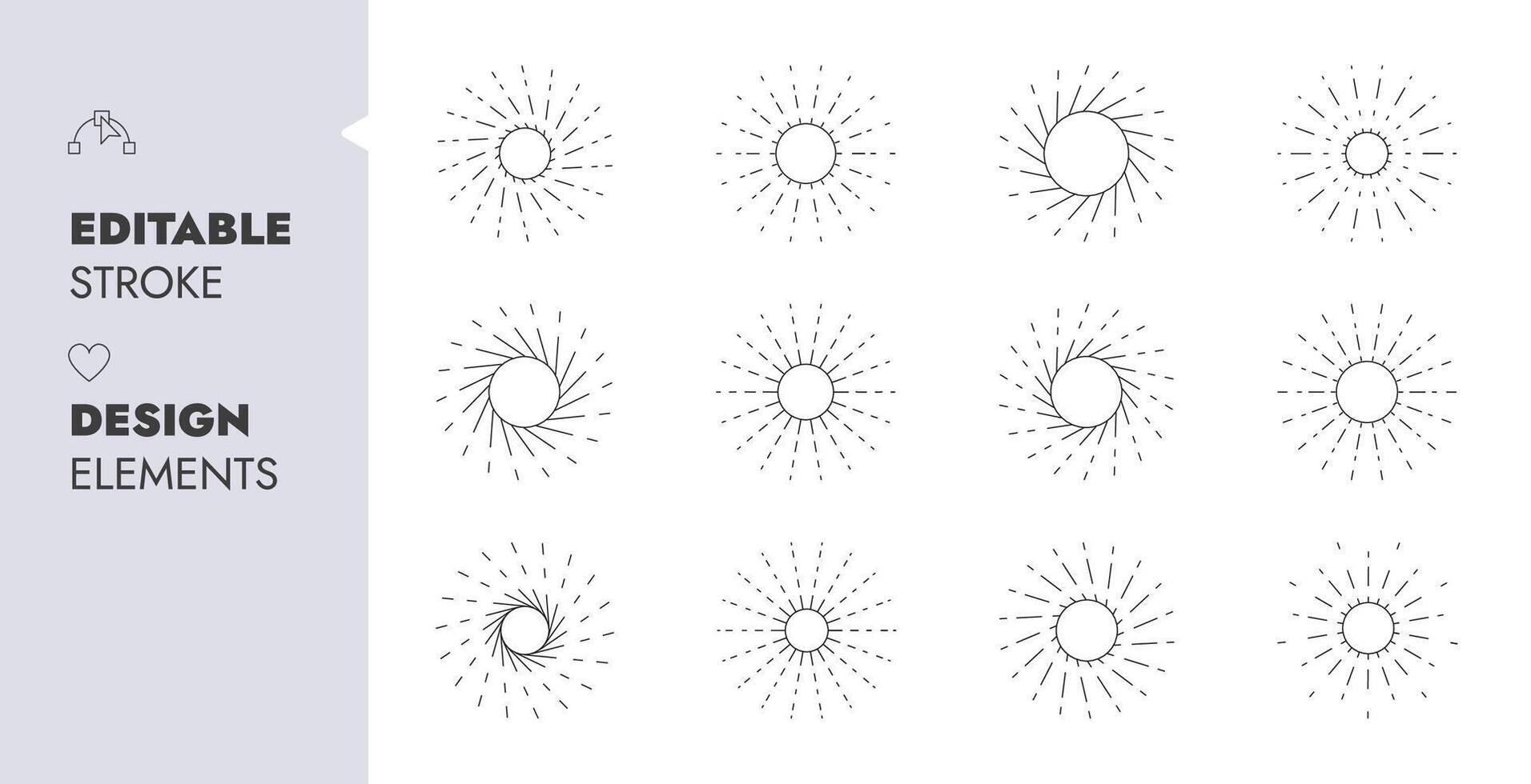 Sunburst Rays Set, Geometric Sun Rays, Decorative element, Editable Stroke Vector Illustration