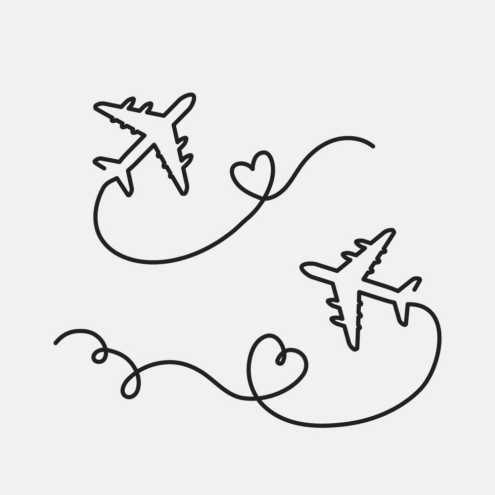 Set Airplane Line Path, Airplane Heart Outline Icon, Vector illustration