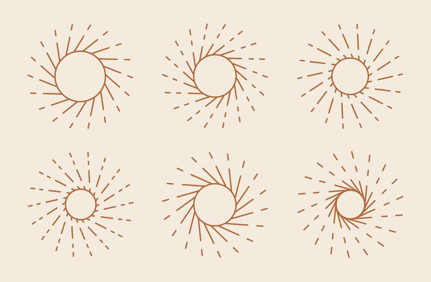 Sun Rays Decorative Frames, Sunburst Rays Design Elements. Line Art Vector Illustration