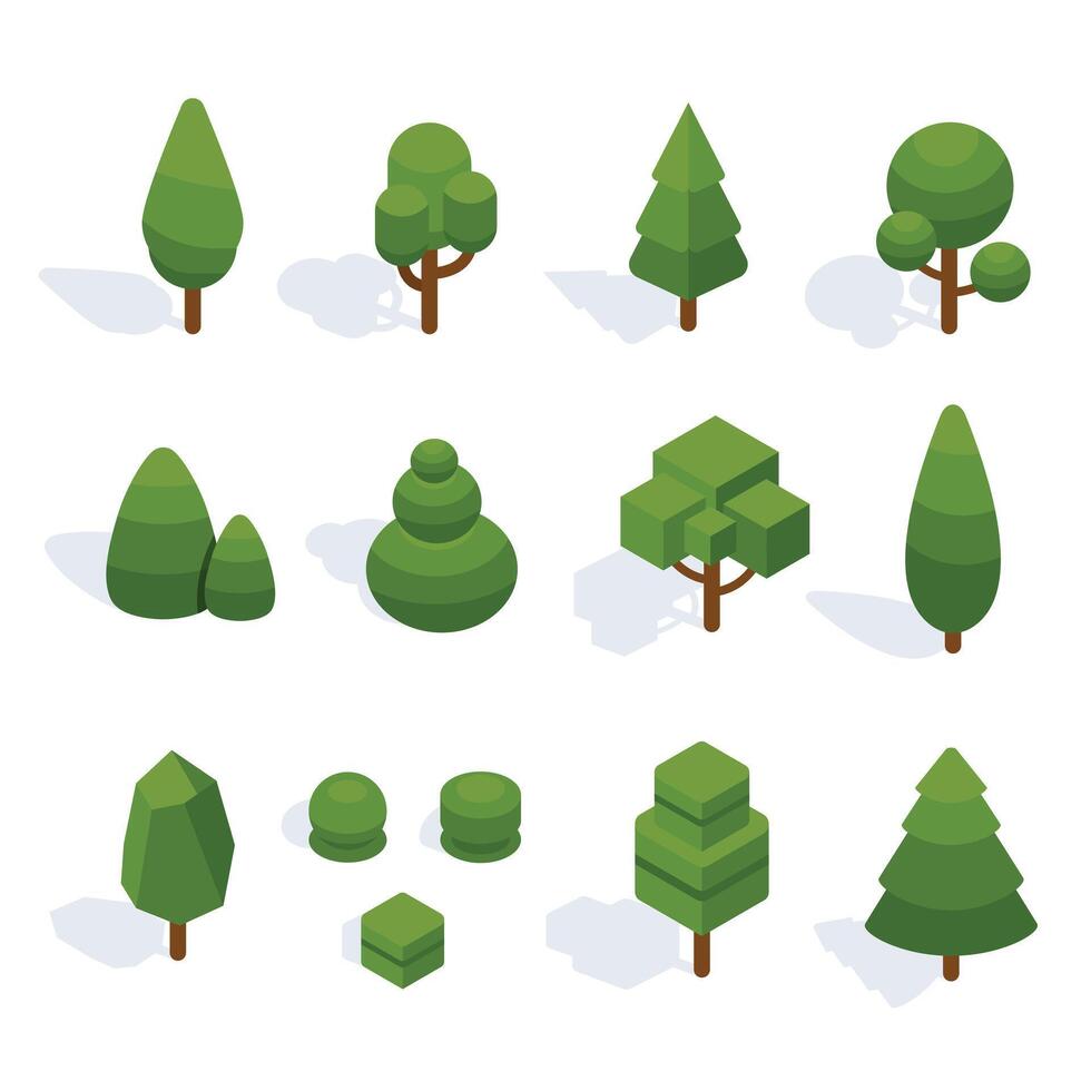 verde plano isométrica árbol colección vector